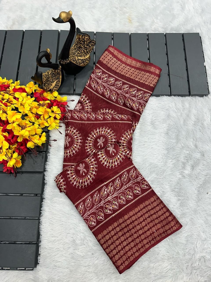 Petrichor Maroon Digital Printed Dola Silk Saree With Refreshing Blous - Shop authentic Indian Women's Fashion by Silk Folks
