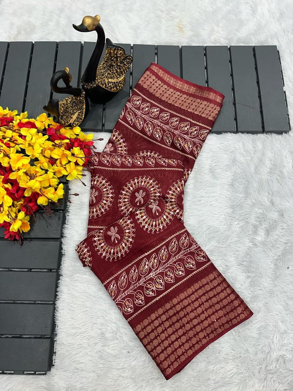 Petrichor Maroon Digital Printed Dola Silk Saree With Refreshing Blous - Shop authentic Indian Women's Fashion by Silk Folks