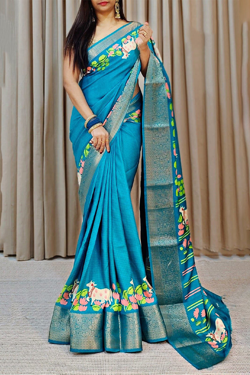 Grandiose Firozi Digital Printed Dola Silk Saree With Amiable Blouse P - Shop authentic Indian Women's Fashion by Silk Folks