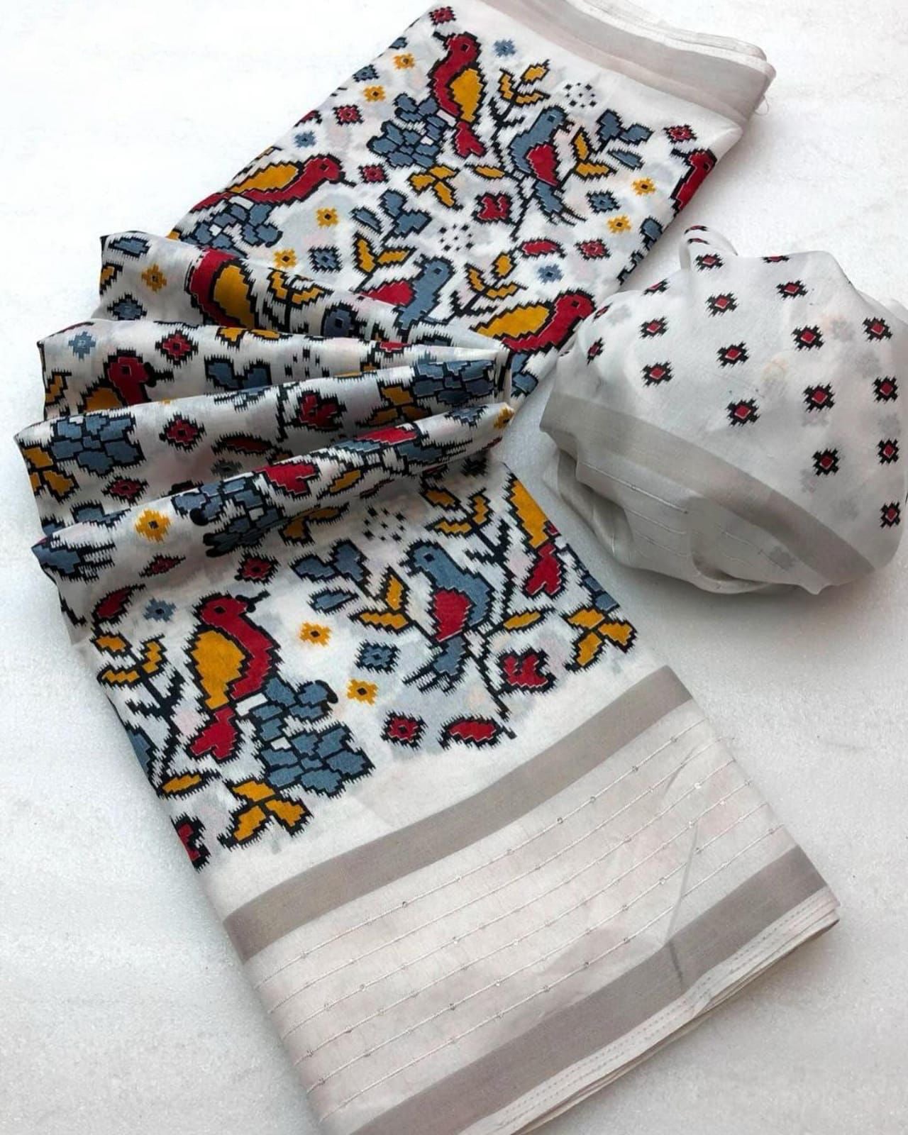 Trendy White Digital Printed Dola Silk Saree With Admirable Blouse Pie - Shop authentic Indian Women's Fashion by Silk Folks
