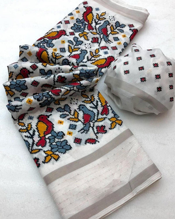 Trendy White Digital Printed Dola Silk Saree With Admirable Blouse Pie - Shop authentic Indian Women's Fashion by Silk Folks
