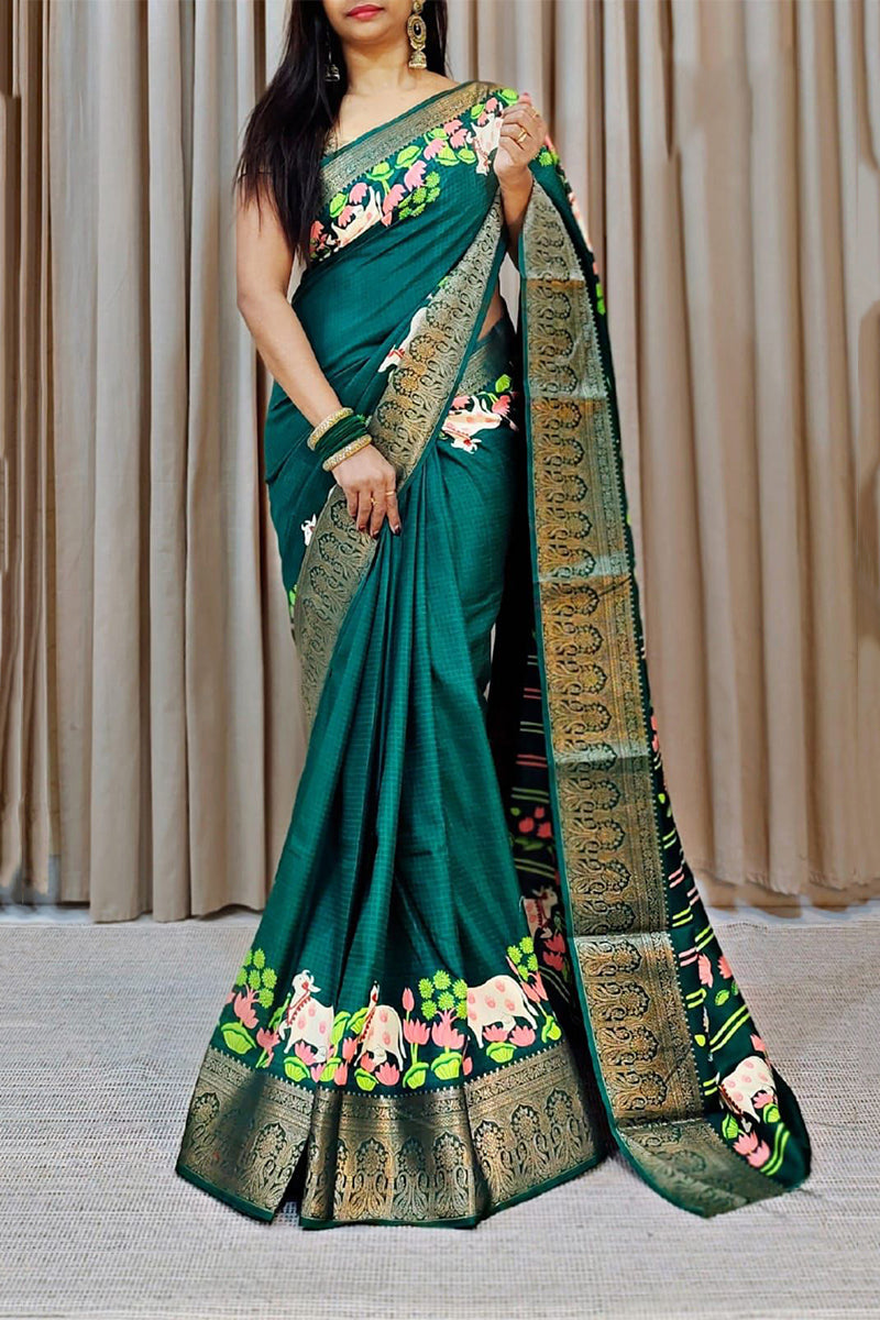 Quixotic Green Digital Printed Dola Silk Saree With Assemblage Blouse  - Shop authentic Indian Women's Fashion by Silk Folks