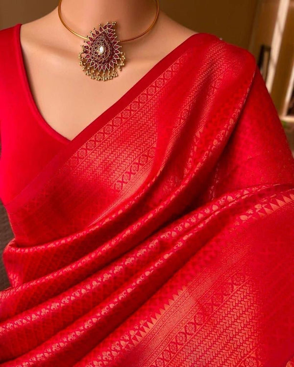 Radiant Red Soft Silk Saree With Demure Blouse Piece - Shop authentic Indian Women's Fashion by Silk Folks