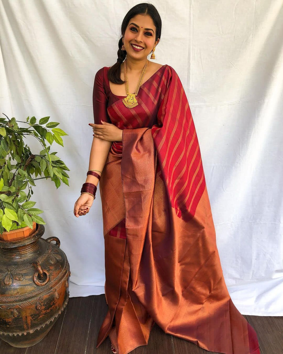 Groovy Maroon Soft Banarasi Silk Saree With Prominent Blouse Piece - Shop authentic Indian Women's Fashion by Silk Folks