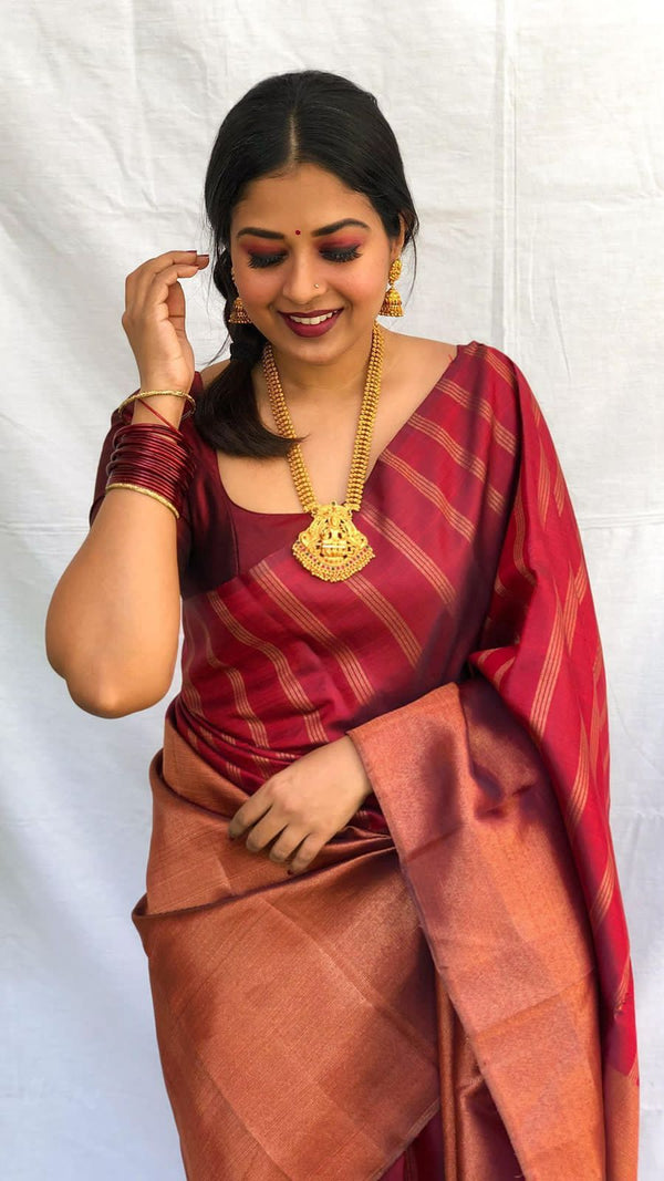 Groovy Maroon Soft Banarasi Silk Saree With Prominent Blouse Piece - Shop authentic Indian Women's Fashion by Silk Folks