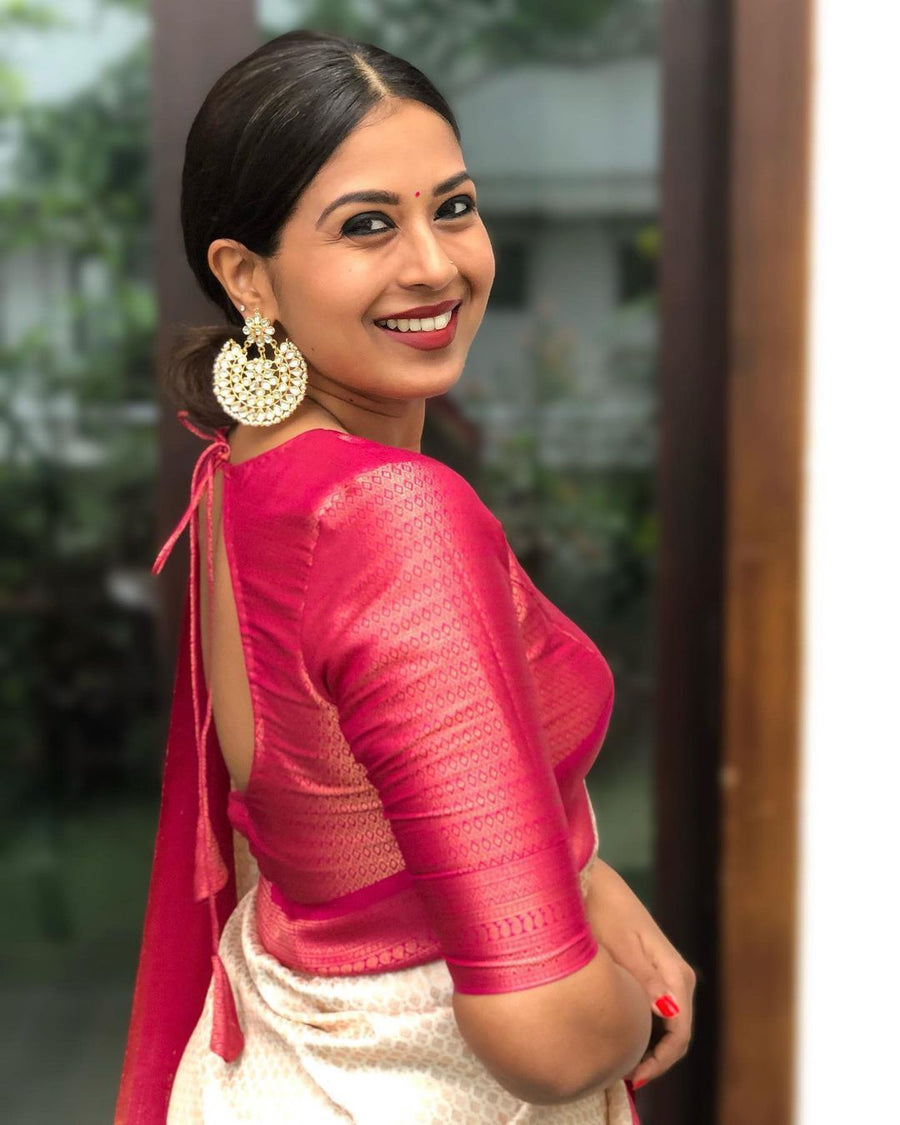 Awesome Off white Soft Kanjivaram Silk Saree With Groovy Blouse Piece - Shop authentic Indian Women's Fashion by Silk Folks