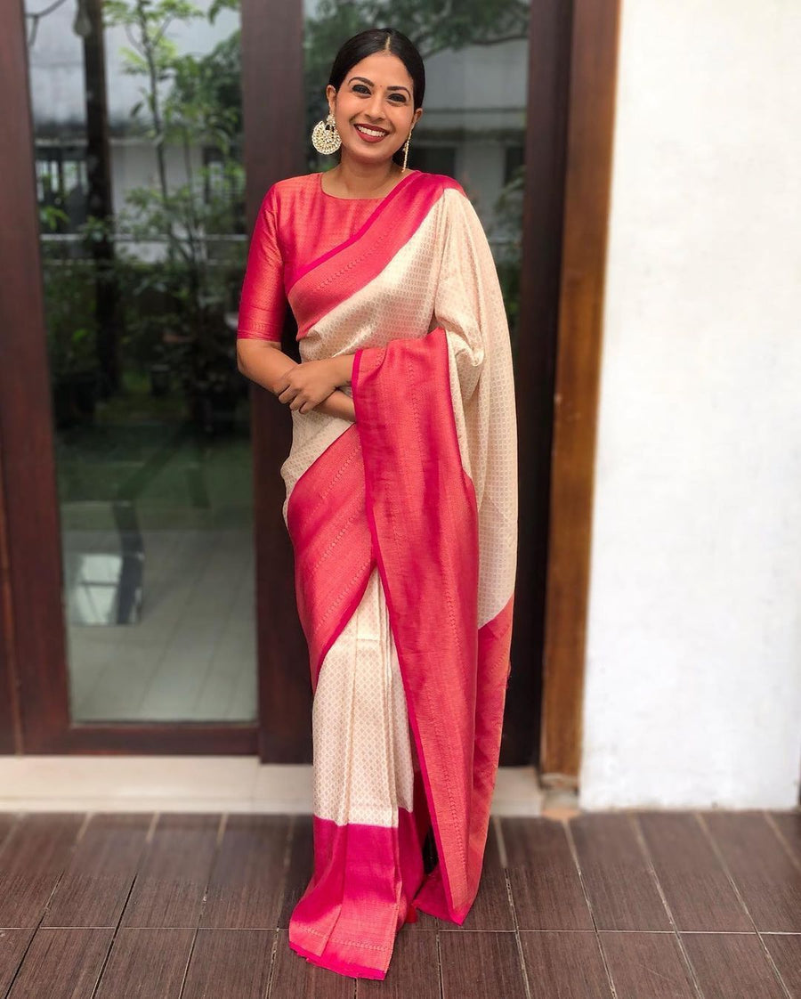 Awesome Off white Soft Kanjivaram Silk Saree With Groovy Blouse Piece - Shop authentic Indian Women's Fashion by Silk Folks