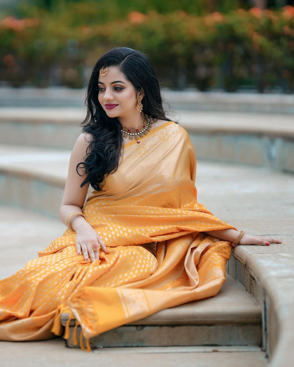 Beleaguer Yellow Soft Banarasi Silk Saree With Breathtaking Blouse Pie - Shop authentic Indian Women's Fashion by Silk Folks