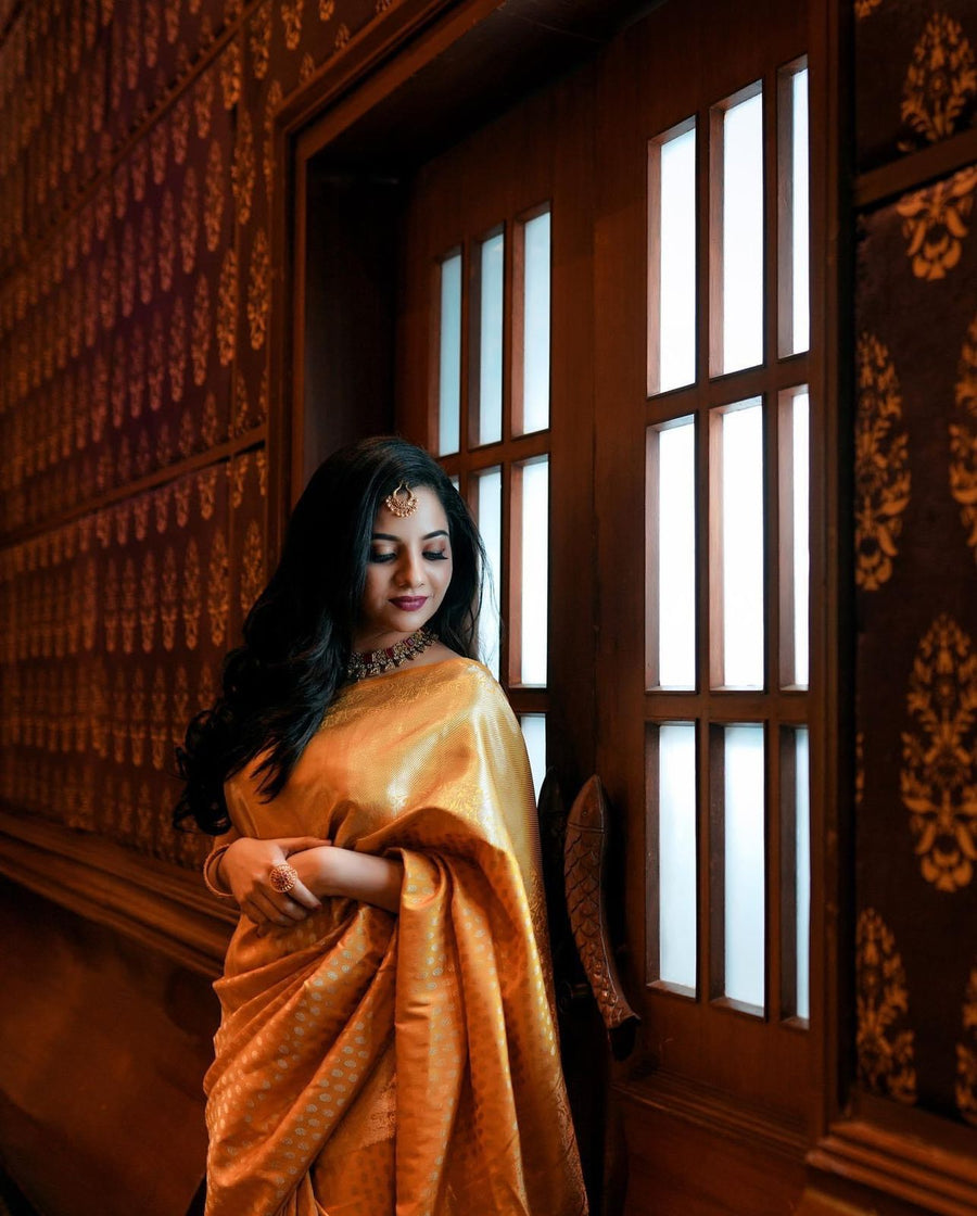 Beleaguer Yellow Soft Banarasi Silk Saree With Breathtaking Blouse Pie - Shop authentic Indian Women's Fashion by Silk Folks