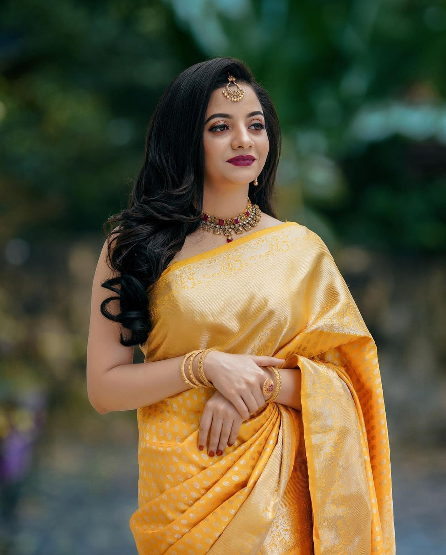 Beleaguer Yellow Soft Banarasi Silk Saree With Breathtaking Blouse Pie - Shop authentic Indian Women's Fashion by Silk Folks
