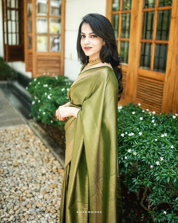 Bucolic Green Soft Kanjivaram Silk Saree With Incredible Blouse Piece - Shop authentic Indian Women's Fashion by Silk Folks