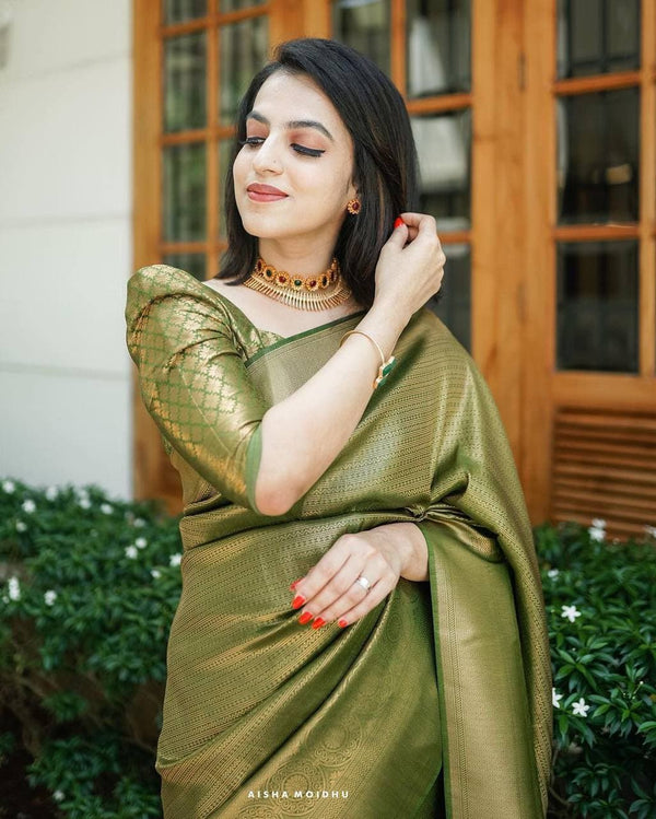 Bucolic Green Soft Kanjivaram Silk Saree With Incredible Blouse Piece - Shop authentic Indian Women's Fashion by Silk Folks