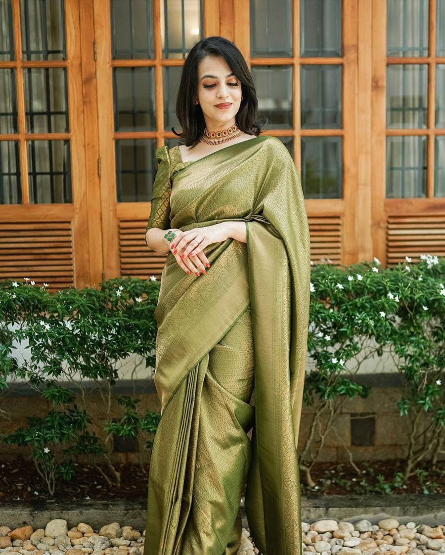 Bucolic Green Soft Kanjivaram Silk Saree With Incredible Blouse Piece - Shop authentic Indian Women's Fashion by Silk Folks