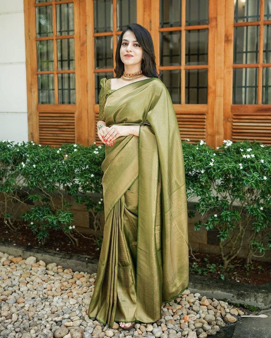 Bucolic Green Soft Kanjivaram Silk Saree With Incredible Blouse Piece - Shop authentic Indian Women's Fashion by Silk Folks