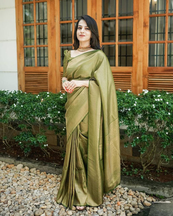 Bucolic Green Soft Kanjivaram Silk Saree With Incredible Blouse Piece - Shop authentic Indian Women's Fashion by Silk Folks