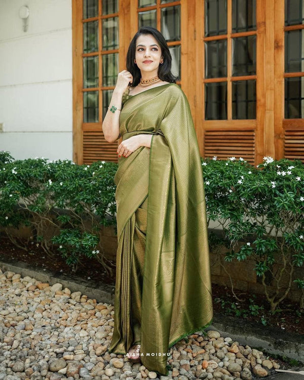 Bucolic Green Soft Kanjivaram Silk Saree With Incredible Blouse Piece - Shop authentic Indian Women's Fashion by Silk Folks