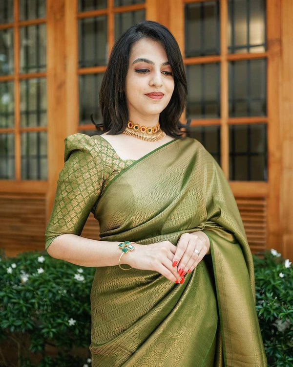 Bucolic Green Soft Kanjivaram Silk Saree With Incredible Blouse Piece - Shop authentic Indian Women's Fashion by Silk Folks