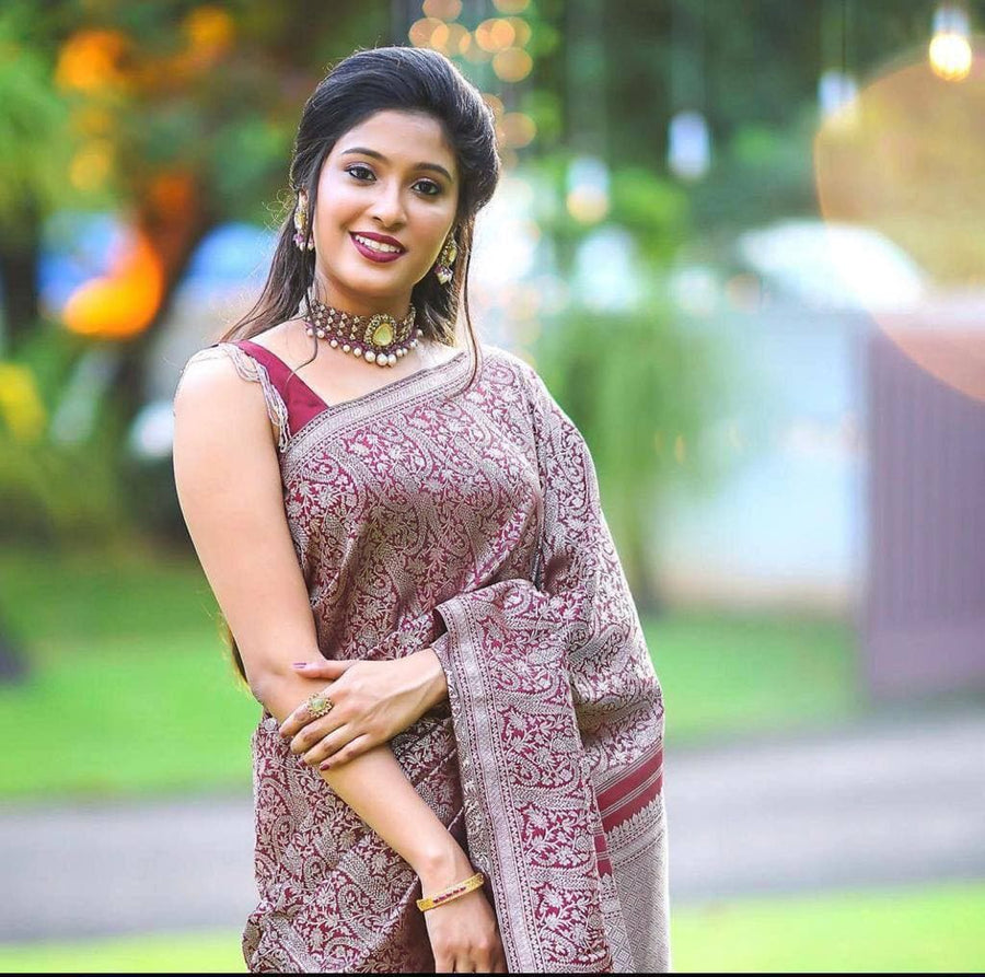 Admirable Dark Maroon Soft Banarasi  Silk Saree With Stylish Blouse Pi - Shop authentic Indian Women's Fashion by Silk Folks