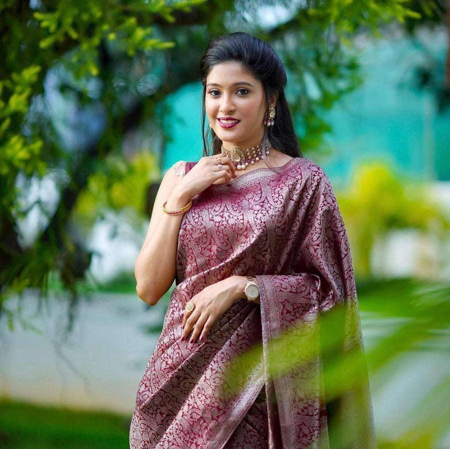 Admirable Dark Maroon Soft Banarasi  Silk Saree With Stylish Blouse Pi - Shop authentic Indian Women's Fashion by Silk Folks