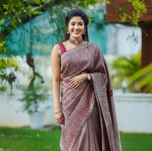 Admirable Dark Maroon Soft Banarasi  Silk Saree With Stylish Blouse Pi - Shop authentic Indian Women's Fashion by Silk Folks