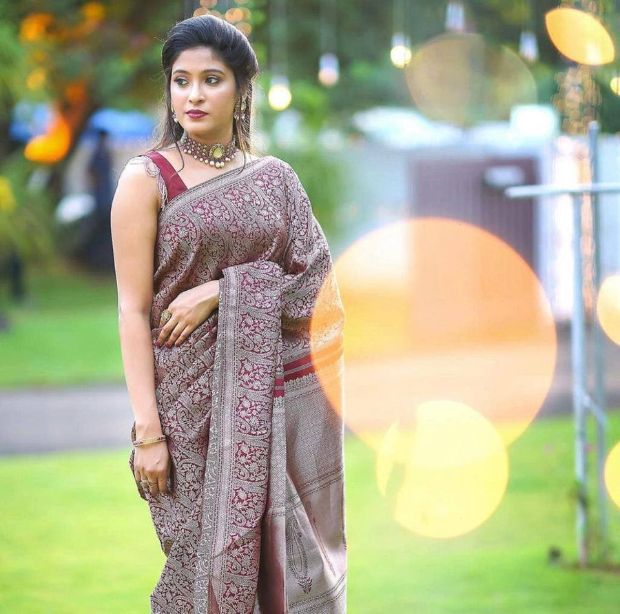 Admirable Dark Maroon Soft Banarasi  Silk Saree With Stylish Blouse Pi - Shop authentic Indian Women's Fashion by Silk Folks