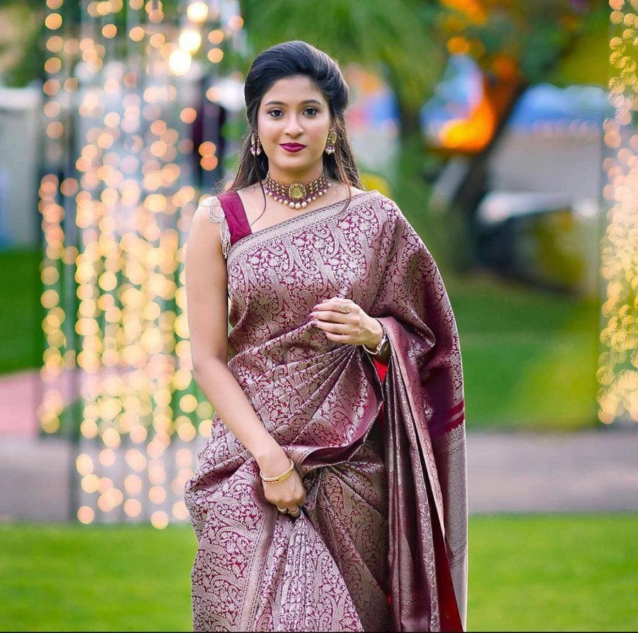 Admirable Dark Maroon Soft Banarasi  Silk Saree With Stylish Blouse Pi - Shop authentic Indian Women's Fashion by Silk Folks