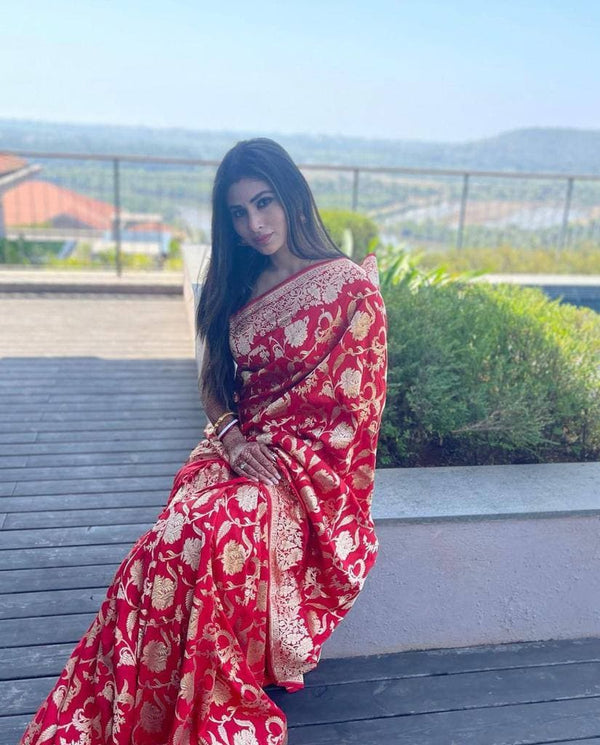 Appealing Red Soft Banarasi Silk Saree With Gleaming Blouse Piece - Shop authentic Indian Women's Fashion by Silk Folks