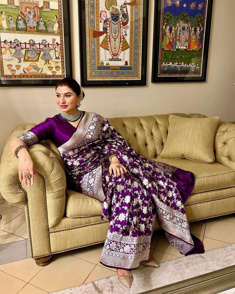 Delectable Purple Soft Banarasi Silk Saree With Gratifying Blouse Piec - Shop authentic Indian Women's Fashion by Silk Folks