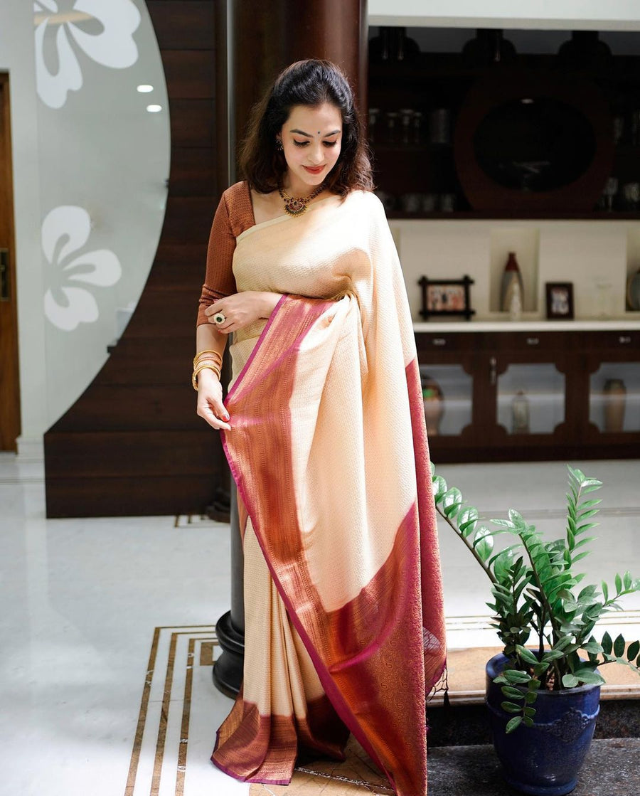 Murmurous Beige Soft Banarasi Silk Saree With Nemesis Blouse Piece - Shop authentic Indian Women's Fashion by Silk Folks