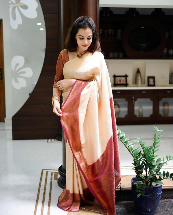 Murmurous Beige Soft Banarasi Silk Saree With Nemesis Blouse Piece - Shop authentic Indian Women's Fashion by Silk Folks