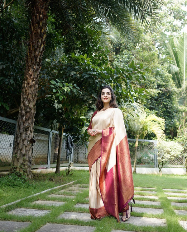 Murmurous Beige Soft Banarasi Silk Saree With Nemesis Blouse Piece - Shop authentic Indian Women's Fashion by Silk Folks