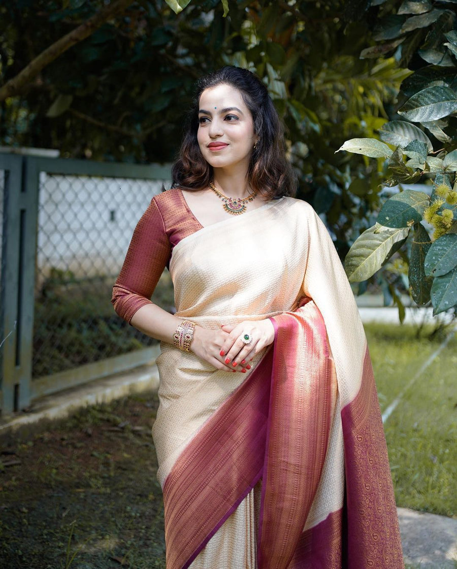 Murmurous Beige Soft Banarasi Silk Saree With Nemesis Blouse Piece - Shop authentic Indian Women's Fashion by Silk Folks