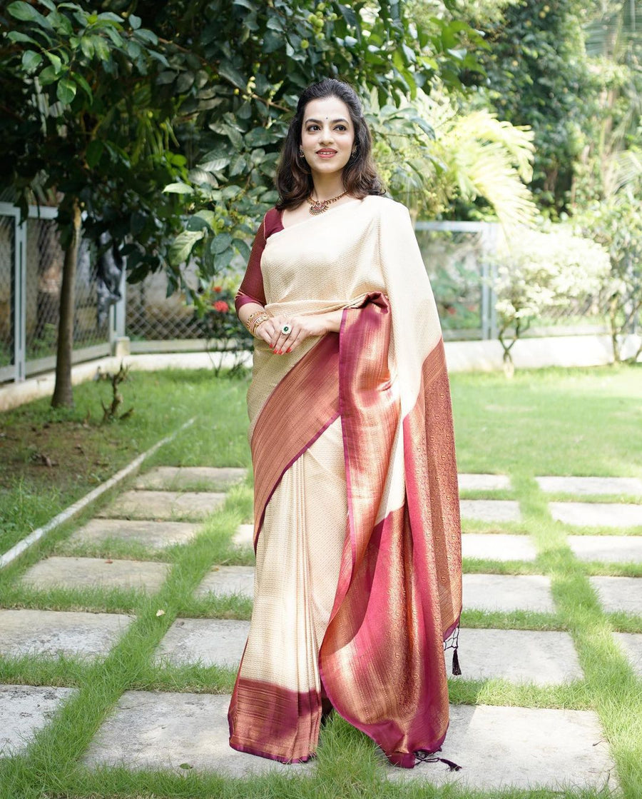 Murmurous Beige Soft Banarasi Silk Saree With Nemesis Blouse Piece - Shop authentic Indian Women's Fashion by Silk Folks