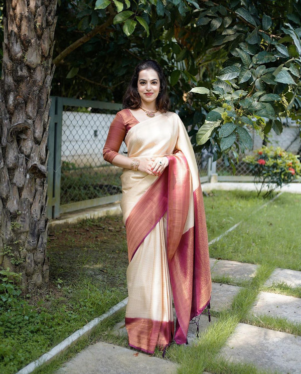 Murmurous Beige Soft Banarasi Silk Saree With Nemesis Blouse Piece - Shop authentic Indian Women's Fashion by Silk Folks