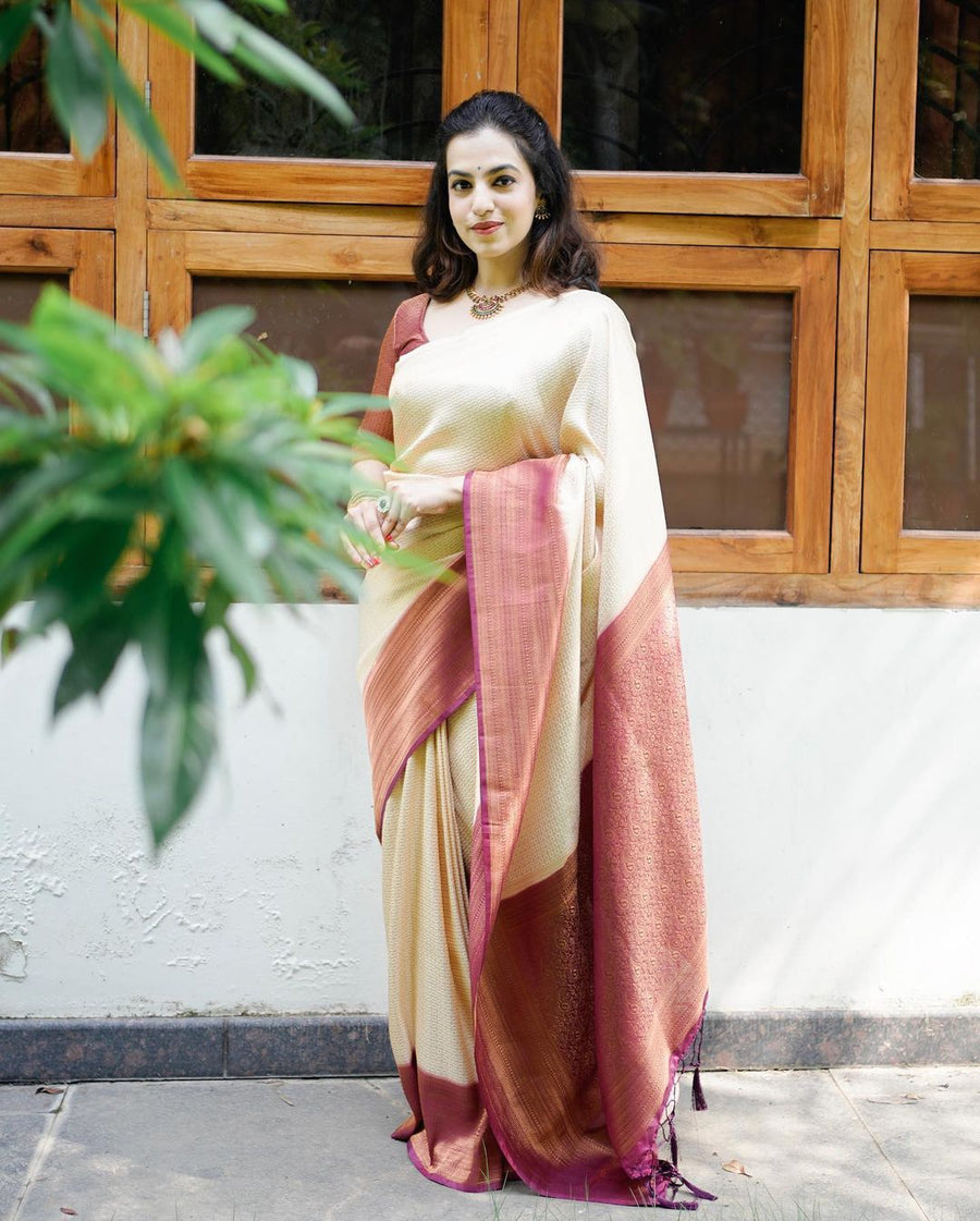 Murmurous Beige Soft Banarasi Silk Saree With Nemesis Blouse Piece - Shop authentic Indian Women's Fashion by Silk Folks