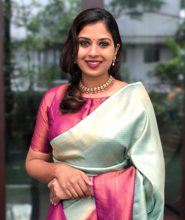 A glam Sea Green Soft Banarasi Silk Saree With Adoring Blouse Piece - Shop authentic Indian Women's Fashion by Silk Folks