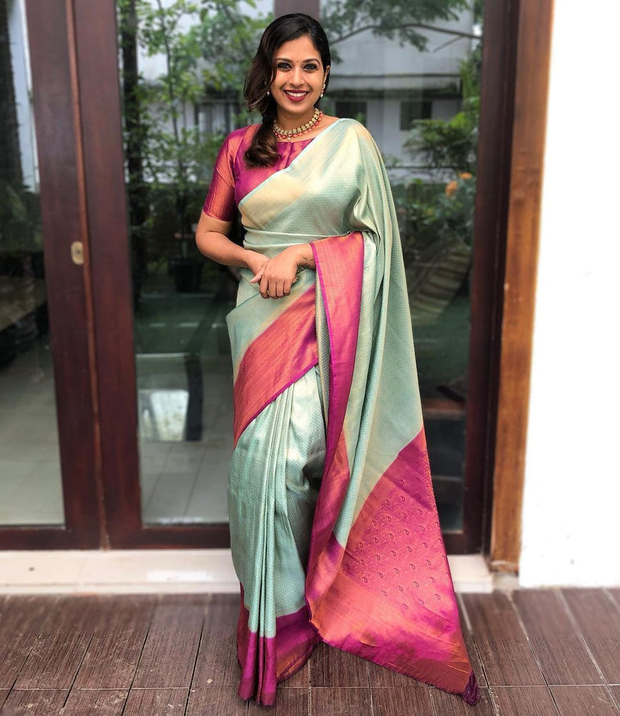 A glam Sea Green Soft Banarasi Silk Saree With Adoring Blouse Piece - Shop authentic Indian Women's Fashion by Silk Folks