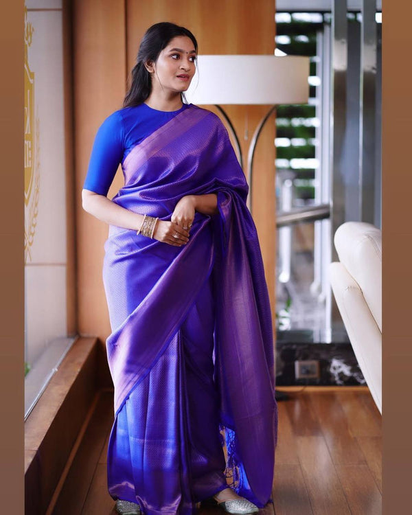 Inspiring Blue Soft Banarasi Silk Saree With Entrancing Blouse Piece - Shop authentic Indian Women's Fashion by Silk Folks