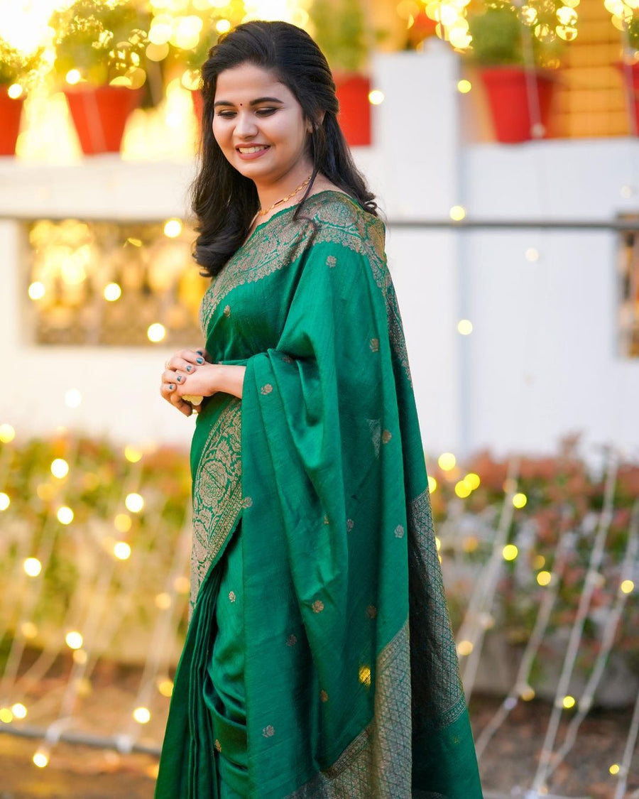 Artistic Green Soft Banarasi Silk Saree With Lovely Blouse Piece - Shop authentic Indian Women's Fashion by Silk Folks