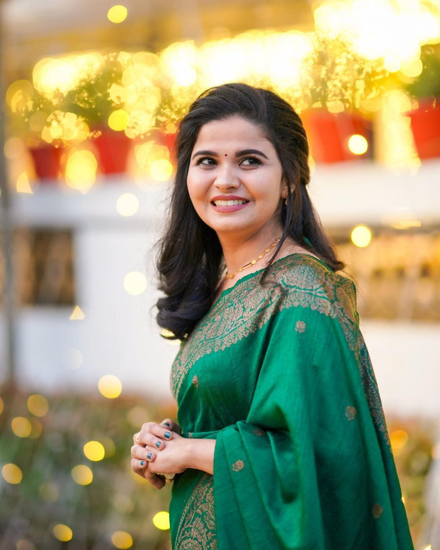 Artistic Green Soft Banarasi Silk Saree With Lovely Blouse Piece - Shop authentic Indian Women's Fashion by Silk Folks