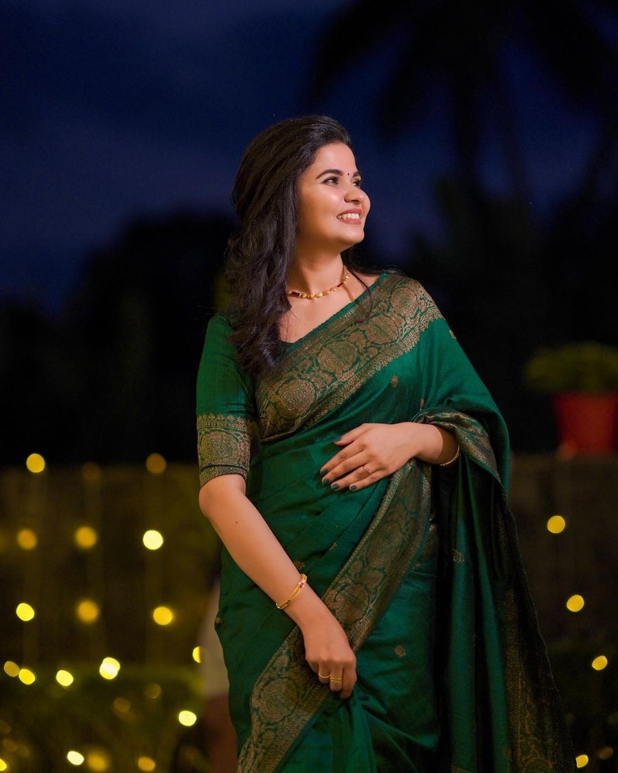 Artistic Green Soft Banarasi Silk Saree With Lovely Blouse Piece - Shop authentic Indian Women's Fashion by Silk Folks