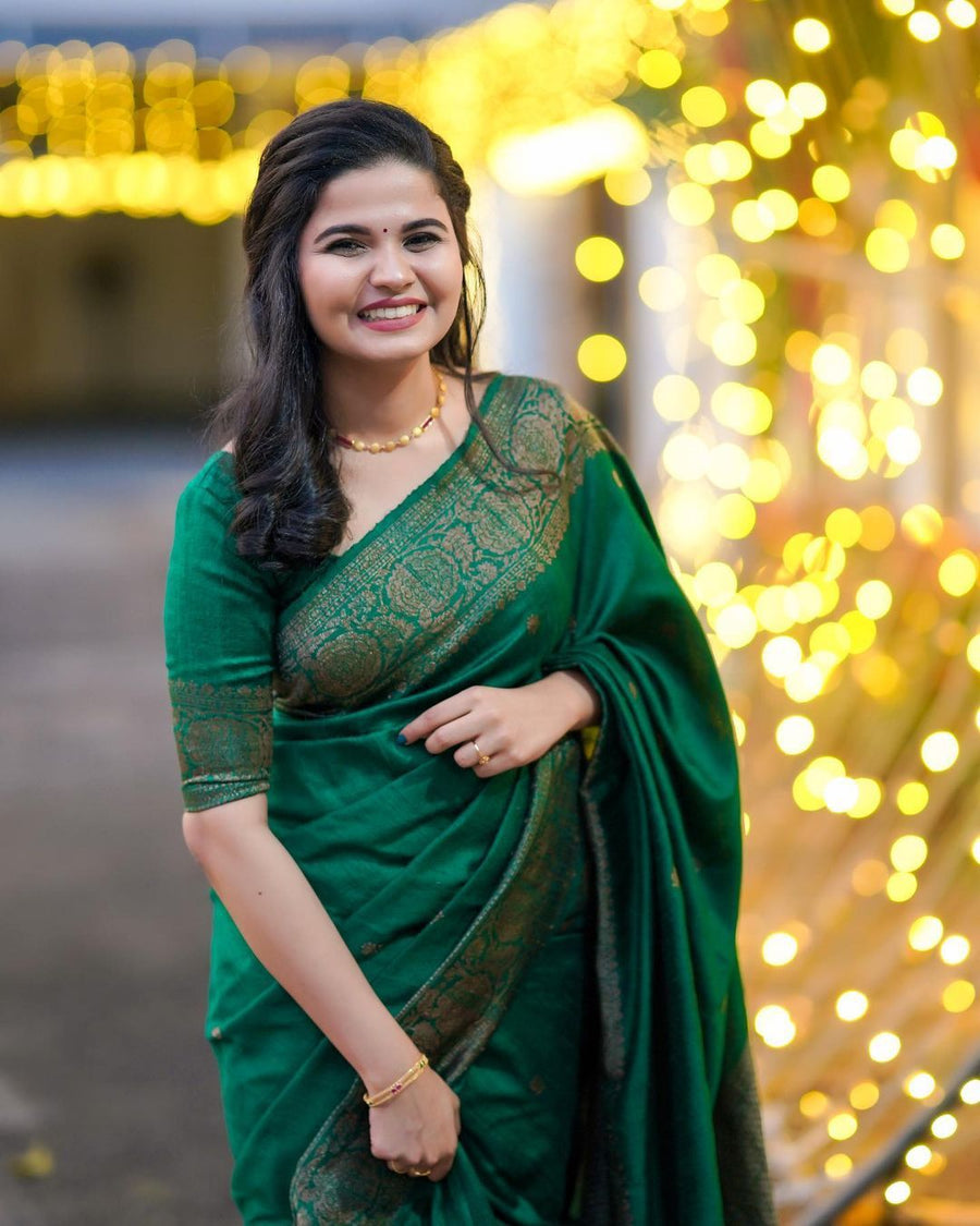 Artistic Green Soft Banarasi Silk Saree With Lovely Blouse Piece - Shop authentic Indian Women's Fashion by Silk Folks