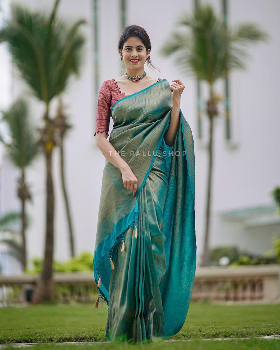 Conflate Rama Soft Silk Saree with Cynosure Blouse Piece - Shop authentic Indian Women's Fashion by Silk Folks