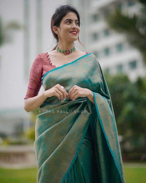 Conflate Rama Soft Silk Saree with Cynosure Blouse Piece - Shop authentic Indian Women's Fashion by Silk Folks