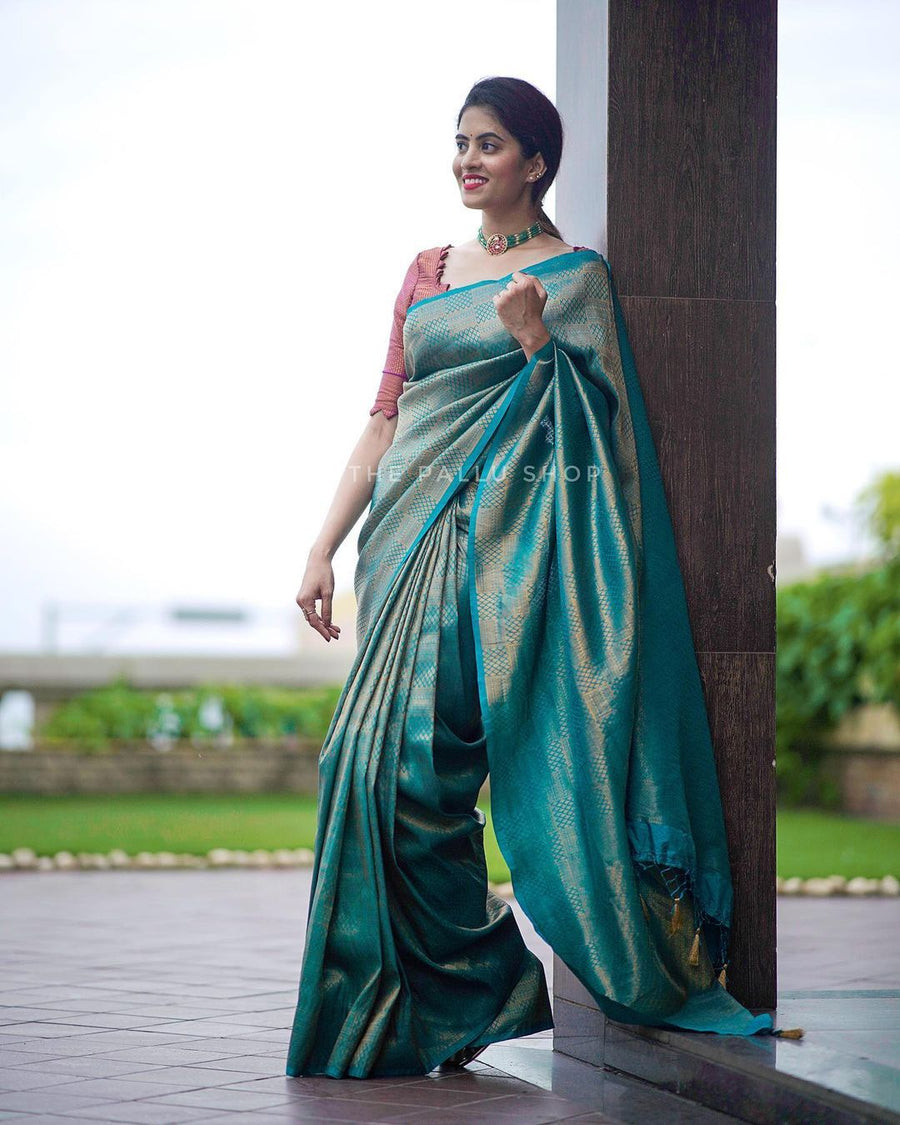 Conflate Rama Soft Silk Saree with Cynosure Blouse Piece - Shop authentic Indian Women's Fashion by Silk Folks