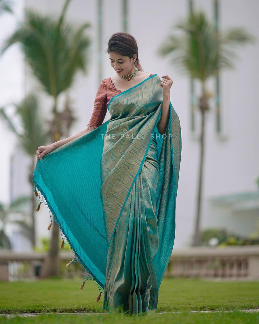 Conflate Rama Soft Silk Saree with Cynosure Blouse Piece - Shop authentic Indian Women's Fashion by Silk Folks