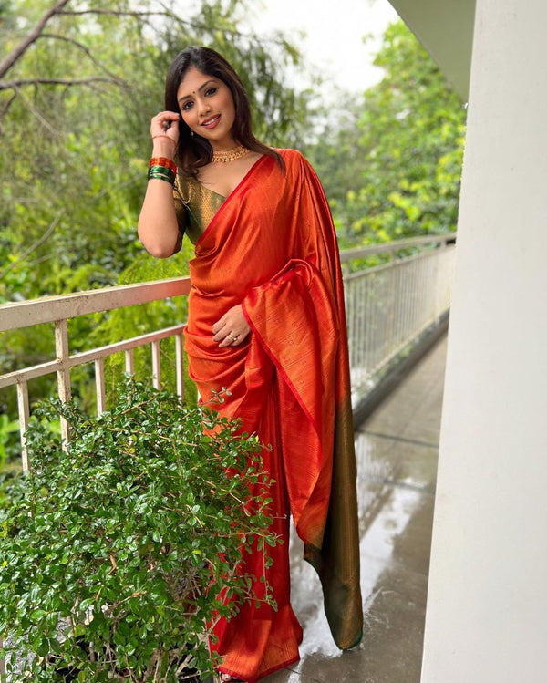 Moiety Red Soft Silk Saree With Murmurous Blouse Piece - Shop authentic Indian Women's Fashion by Silk Folks
