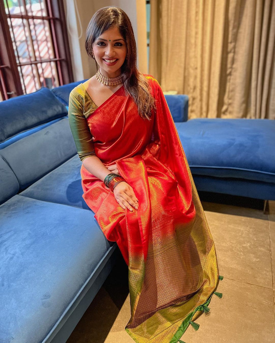 Moiety Red Soft Silk Saree With Murmurous Blouse Piece - Shop authentic Indian Women's Fashion by Silk Folks