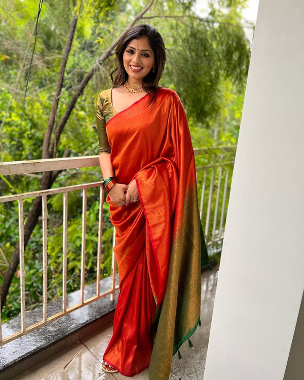 Moiety Red Soft Silk Saree With Murmurous Blouse Piece - Shop authentic Indian Women's Fashion by Silk Folks