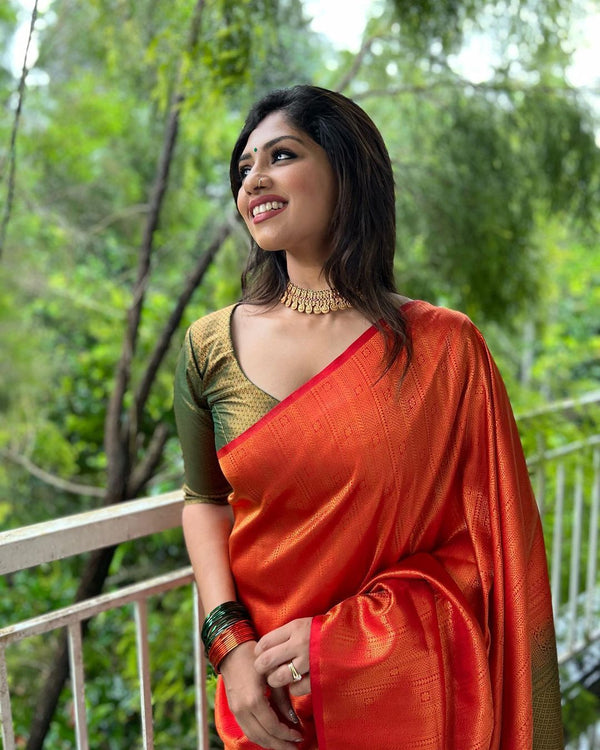 Moiety Red Soft Silk Saree With Murmurous Blouse Piece - Shop authentic Indian Women's Fashion by Silk Folks
